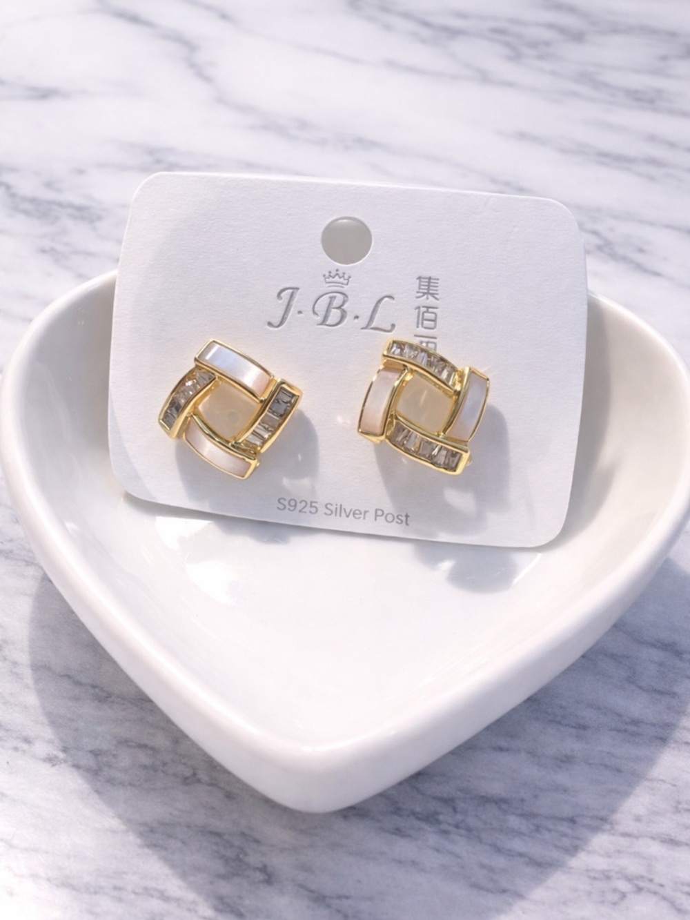 Gold Geometric Stud Earrings with Mother of Pearl & CZ | S925 Post - Picture 1 of 4